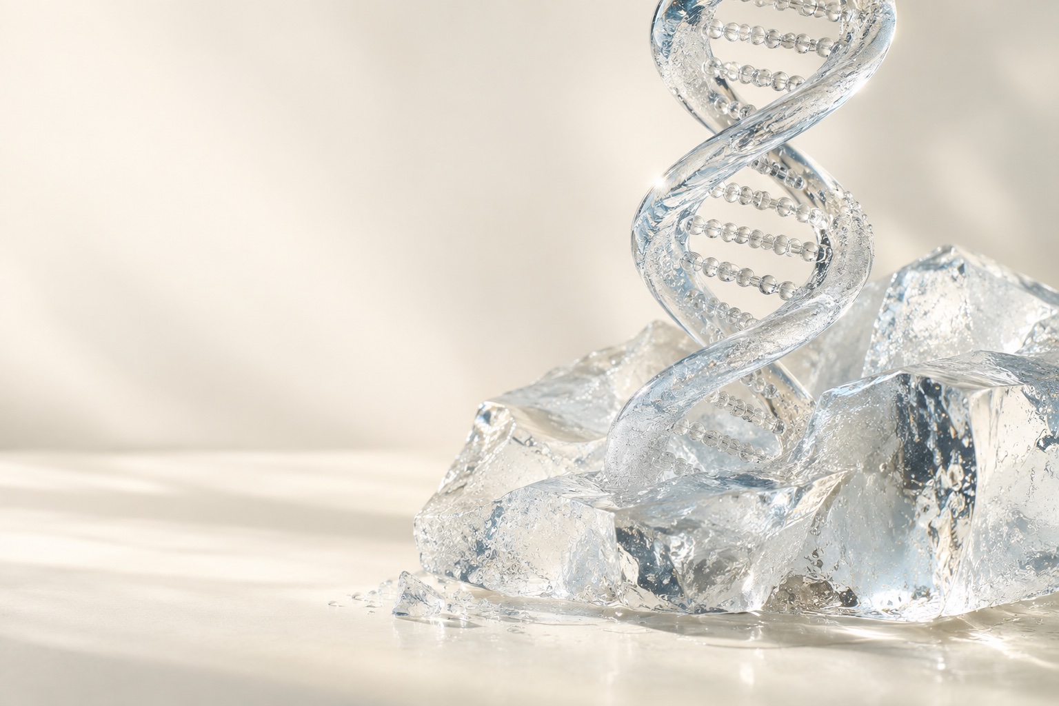 Conceptual crystalline double helix rising from transparent ice on an ivory background