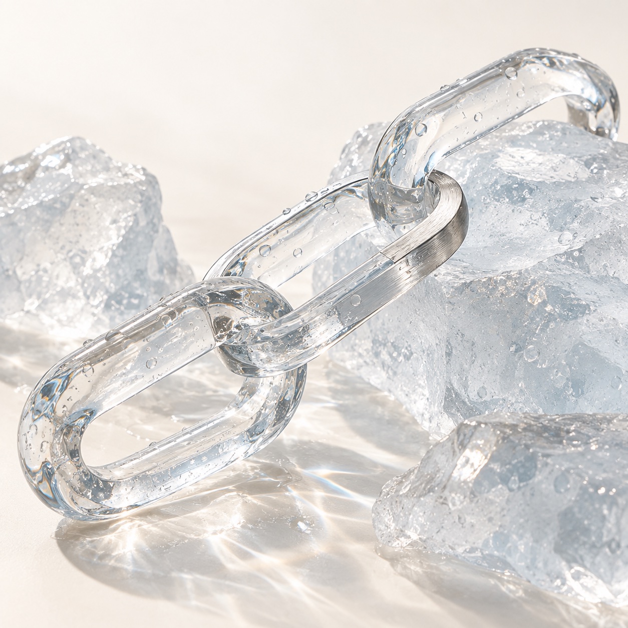 Conceptual connected crystal links resting on translucent ice